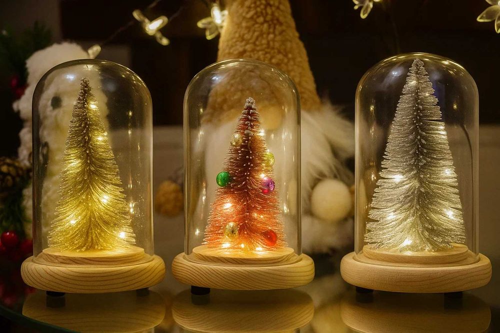 Новогодняя елка в стеклянной колбе с подсветкой. Декор, ночник подарок