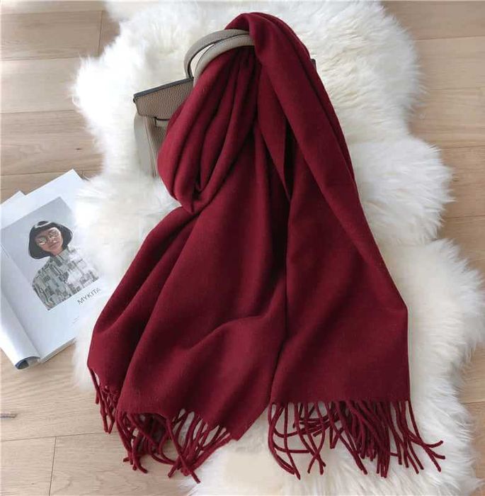 Bordowy duży szalik kaszmirowy gładki z fędzlami cashmere