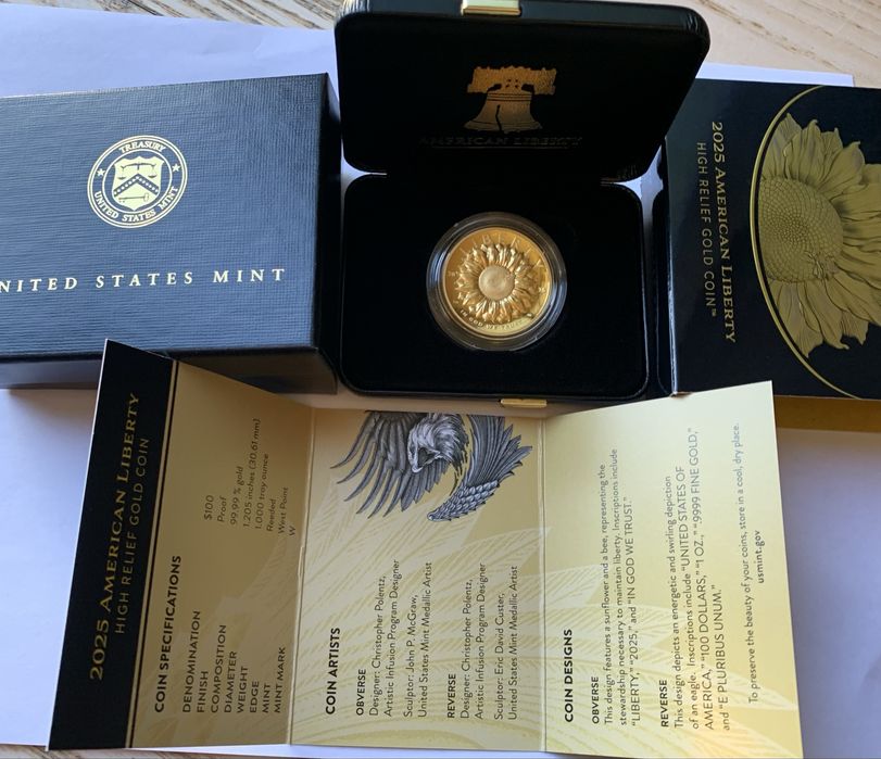 Золота монета «Соняшник» високий рельєф,пруф