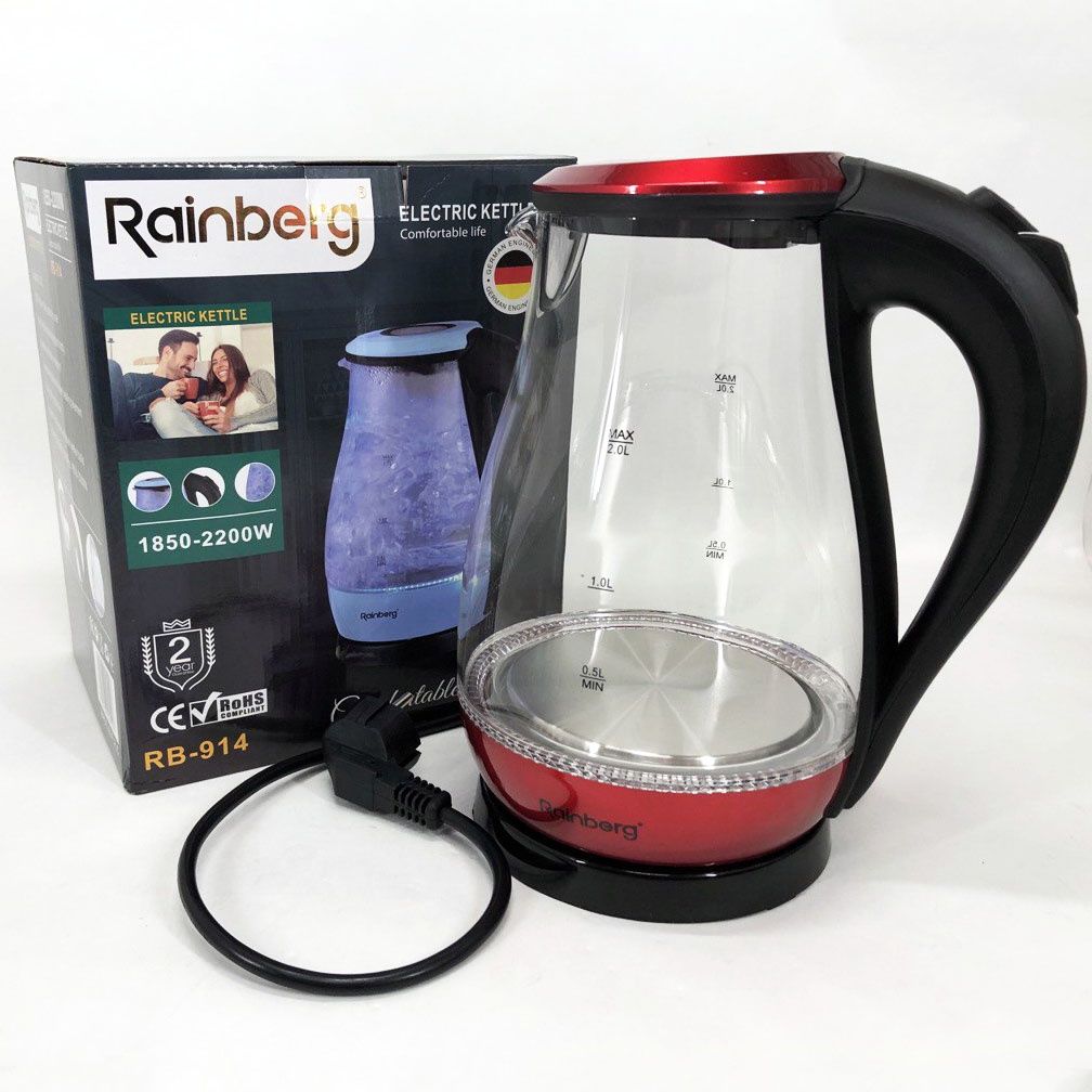 Чайник електричний скляний Rainberg RB-914, прозорий чайник з підсвічу