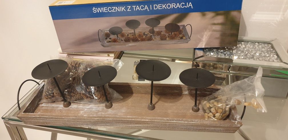 Super świecznik, nowy, z tacą i dekoracją