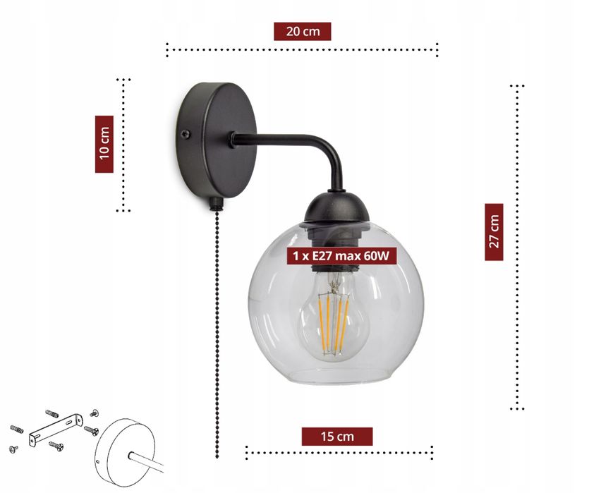 Kinkiet Luxolar czarny, przezroczysty E27 60 W 2 sztuki