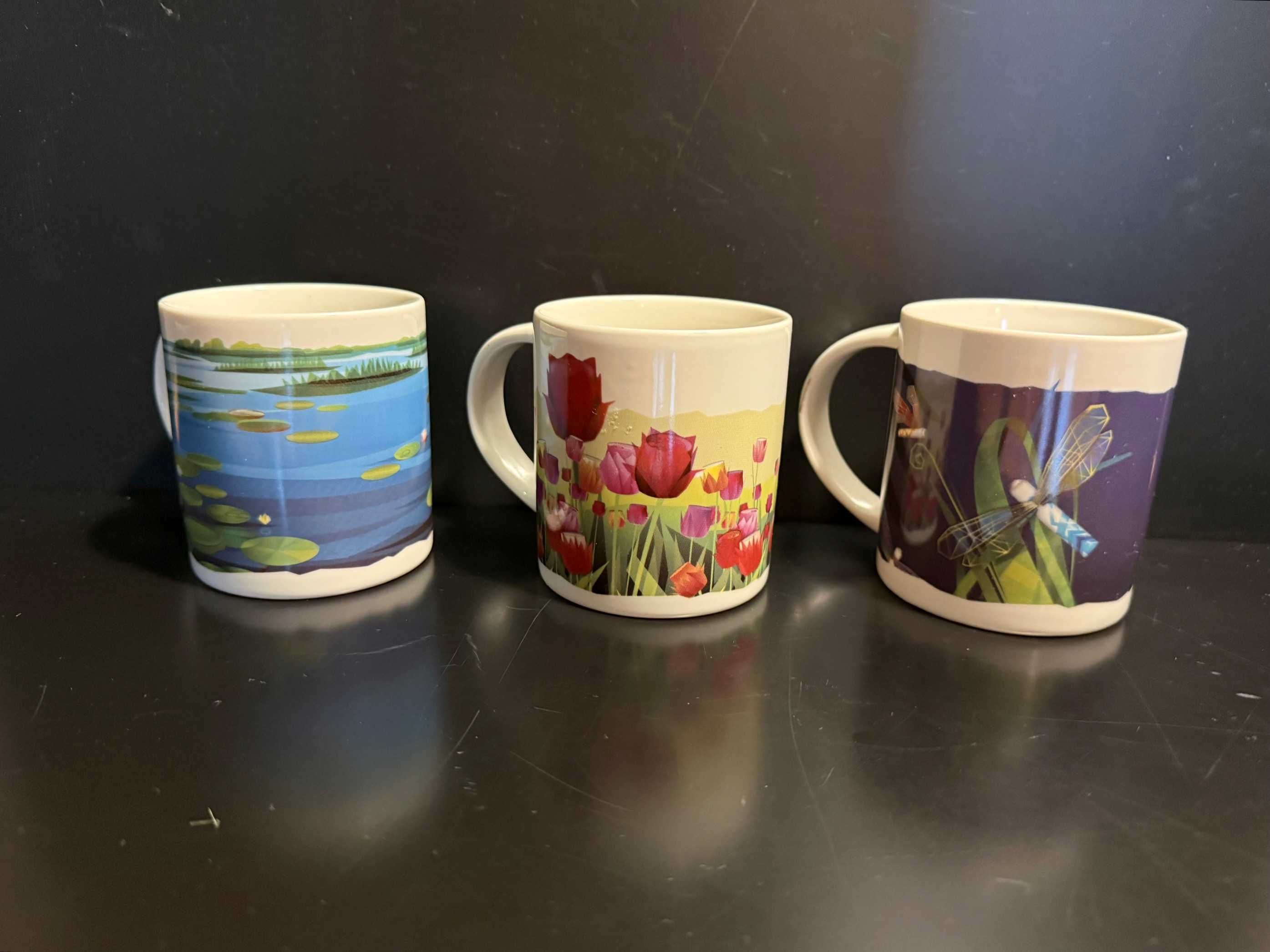 Kolorowe, ceramiczne kubki w kwiatki, tulipany, nenufary, 3 szt., nowe