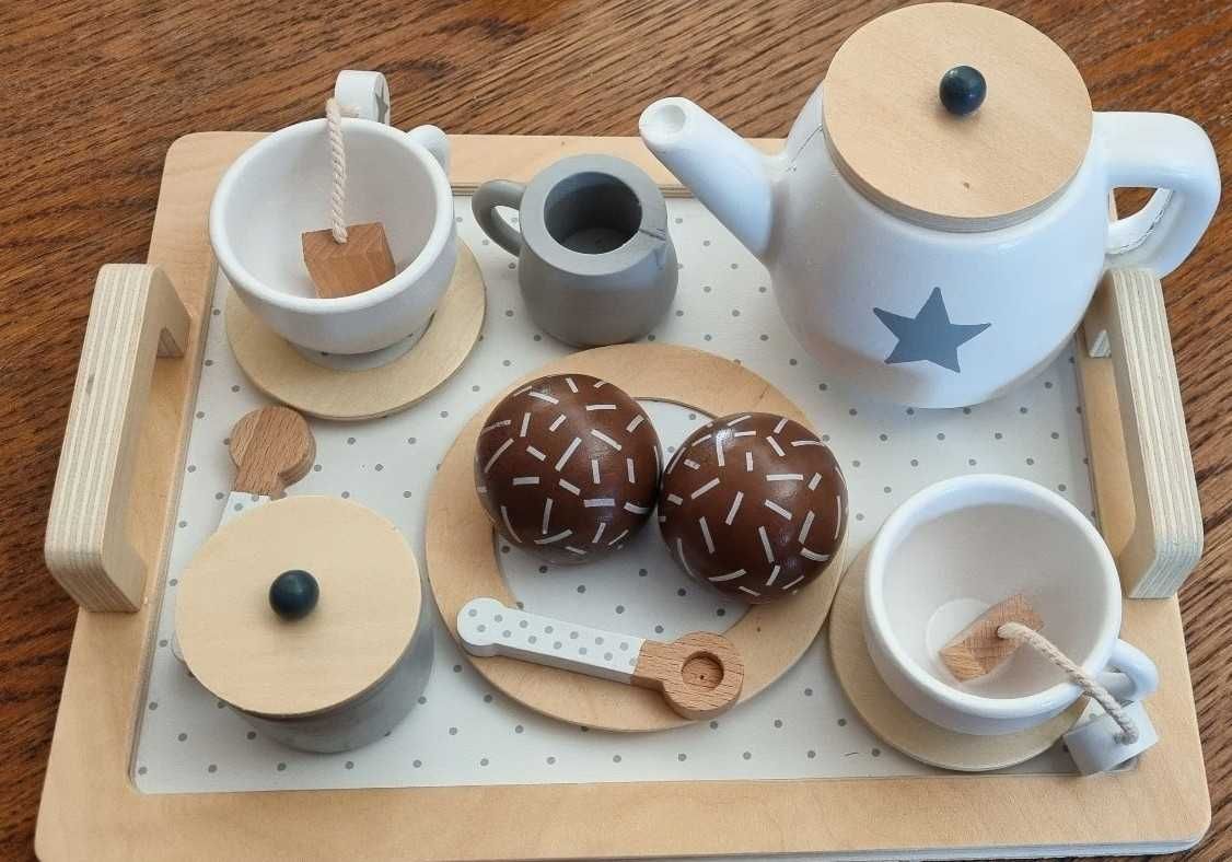 Zestaw Drewniany Serwis do Kawy Filiżanki Taca Pączki dla Dzieci