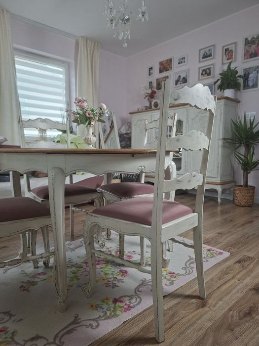 Drewniany stół okrągły +4 krzesła białe w stylu ludwika shabby chic