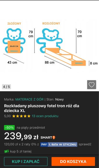 Rozkladant fotel pluszowy z koroną dla dzieci