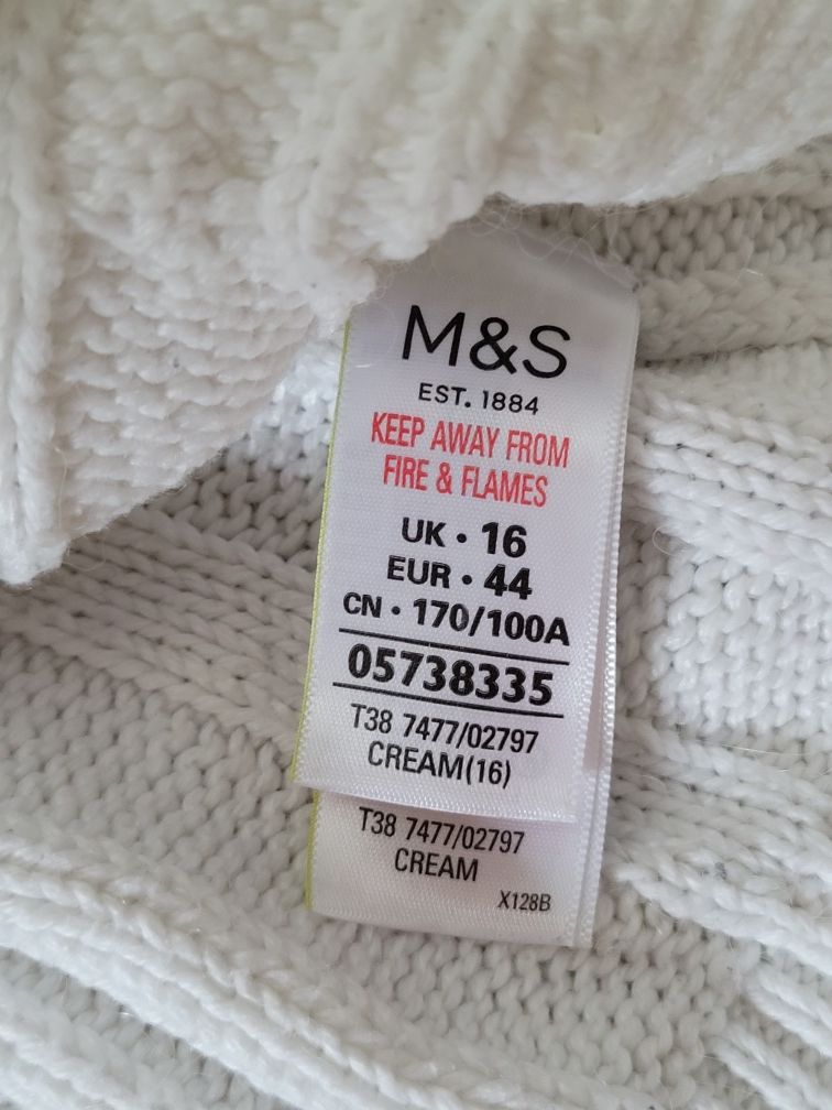 Sweter damski we wzór warkoczy biały gruby splot 38/M M&S ciepły