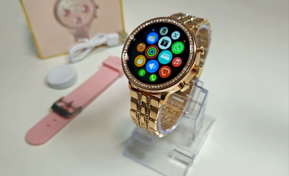 Elegancki Smartwatch Stylowy Zegarek Damski Okrągła Tarcza Kryształki