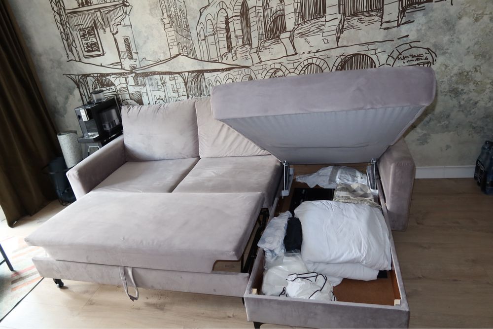 Kanapa rozkładana z pojemnikiem – kolor szary