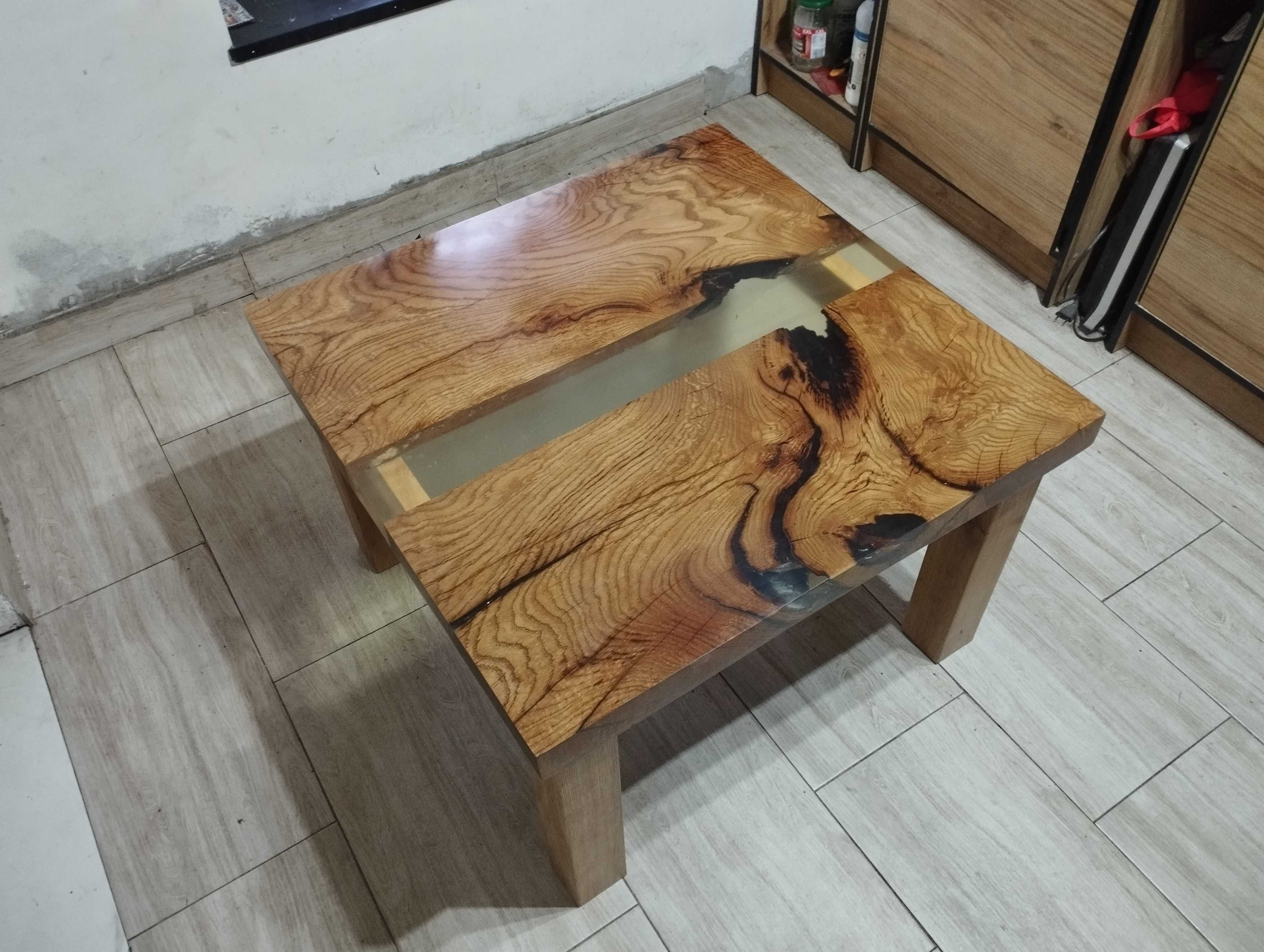 Stół Stolik Kawowy Dębowy Naturalny Dąb ława 80x80 x50 Żywica Drewno