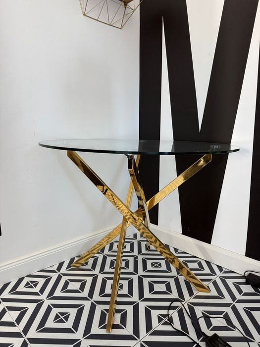 Stół szklany okrągły ze złotymi nogami 100x100 cm jak nowy