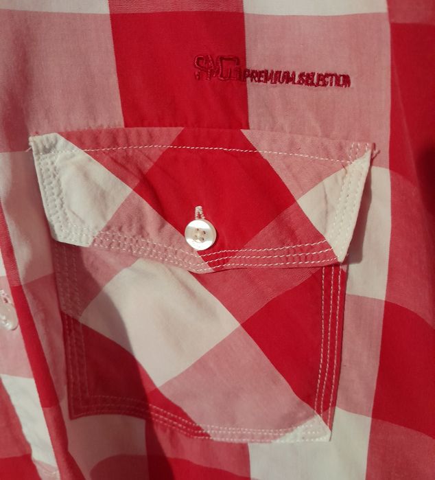 Męska koszula z krótkim rękawem w czerwono-białą kratę. Rozm. L