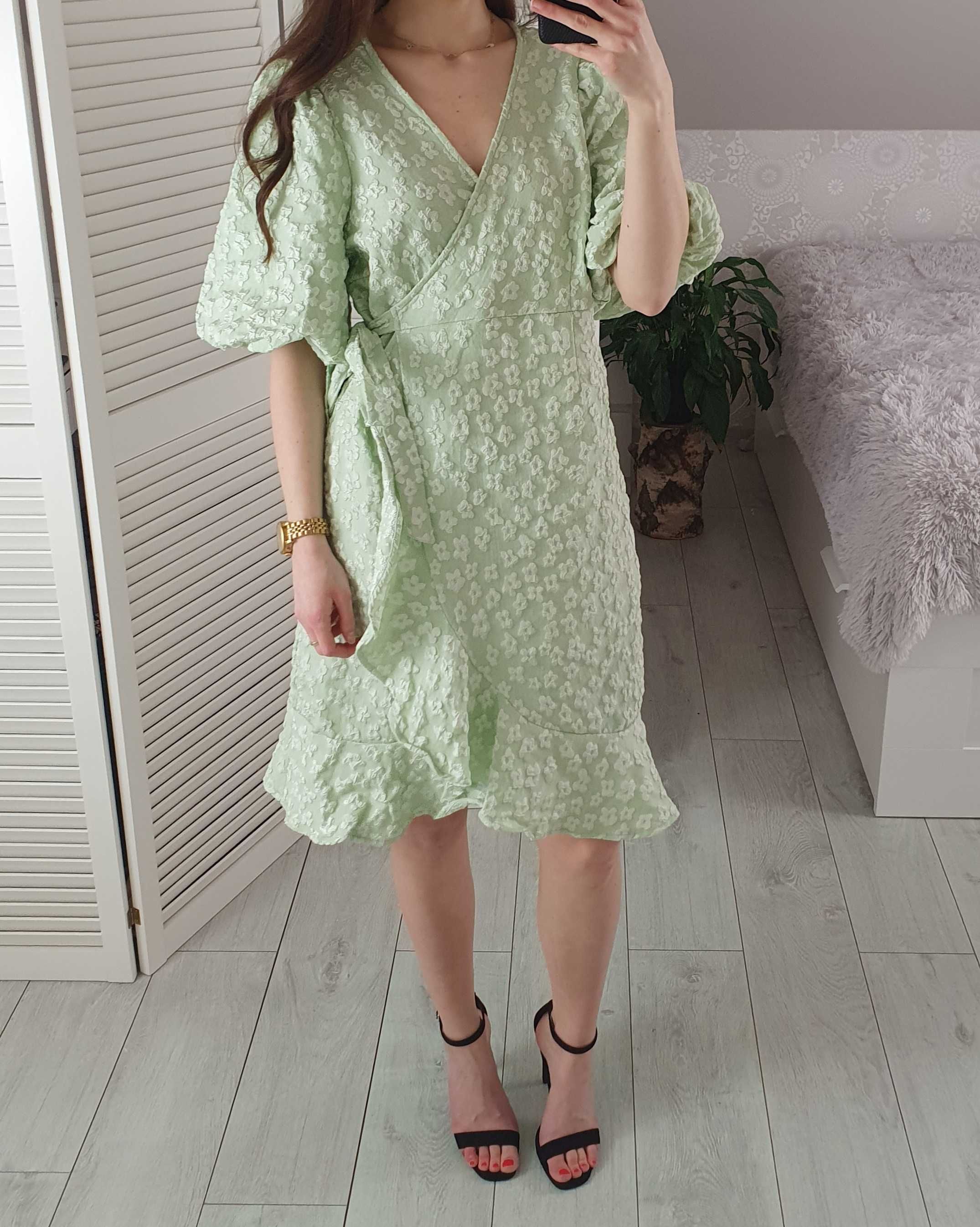 Pieces sukienka kopertowa ciążowa z bufkami miętowa zielona 42 XL