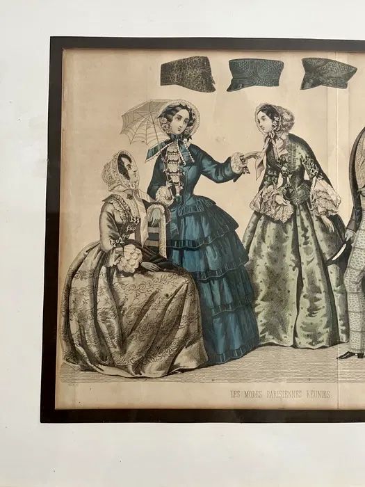 *Stara Piękna Moda Biedermeier XIX Francja Suknia Frak Obraz grafika