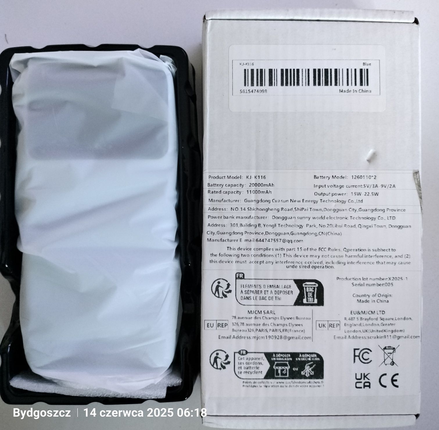 Powerbank pojemność 20 000 mAh, niebieski