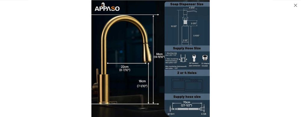 APPASO Złota bateria KRAN kuchenny, z wyciąganym rozpylaczem