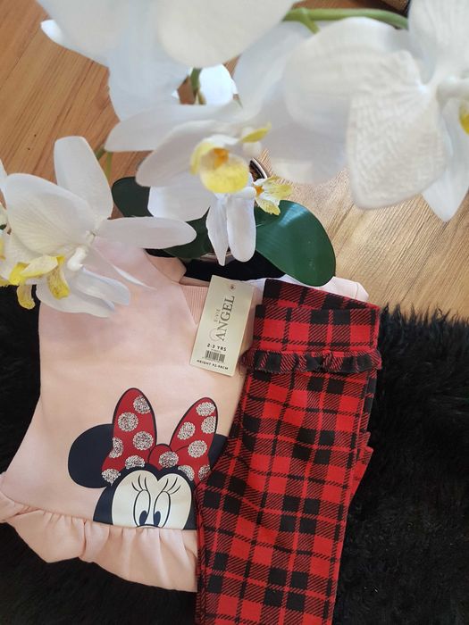 Cudny zestaw;) legginsy z falbanką w kratę bluza MICKEY MOUSE 86/92