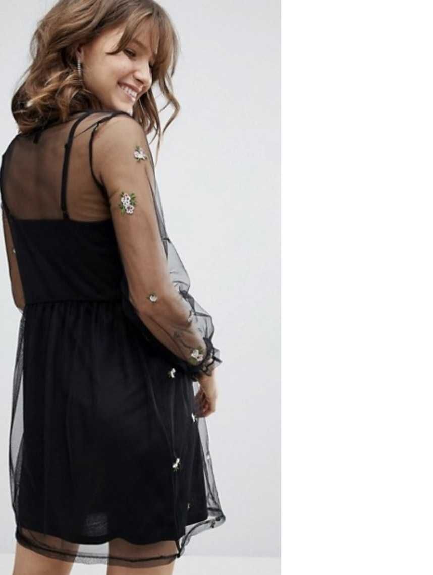 Стильное двойное черное платье сетка с вышивкой м, 46