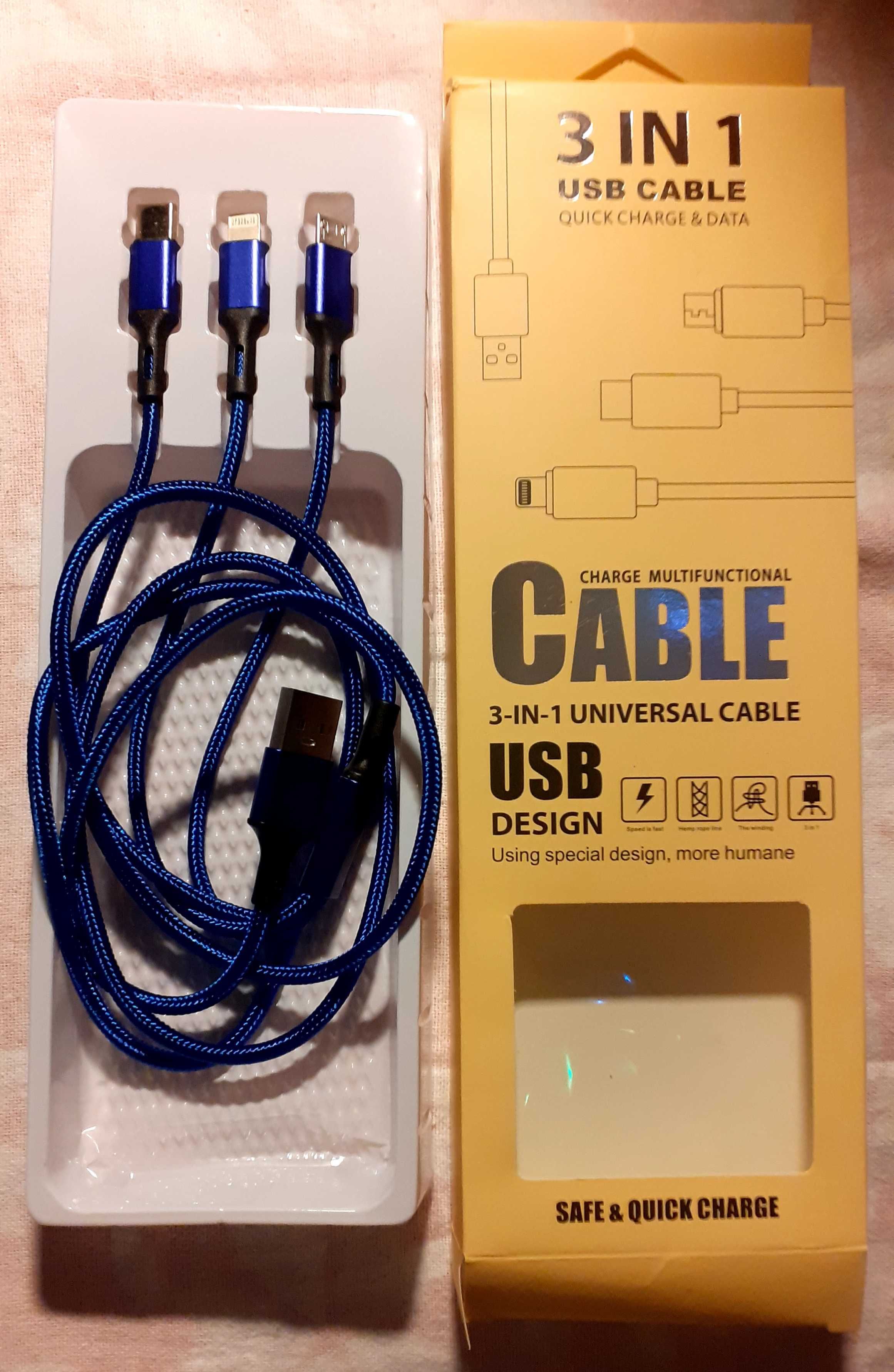 NOWY (w pudełku) kabel USB 115 cm na 3 wtyki: micro USB, USB C, iPhone