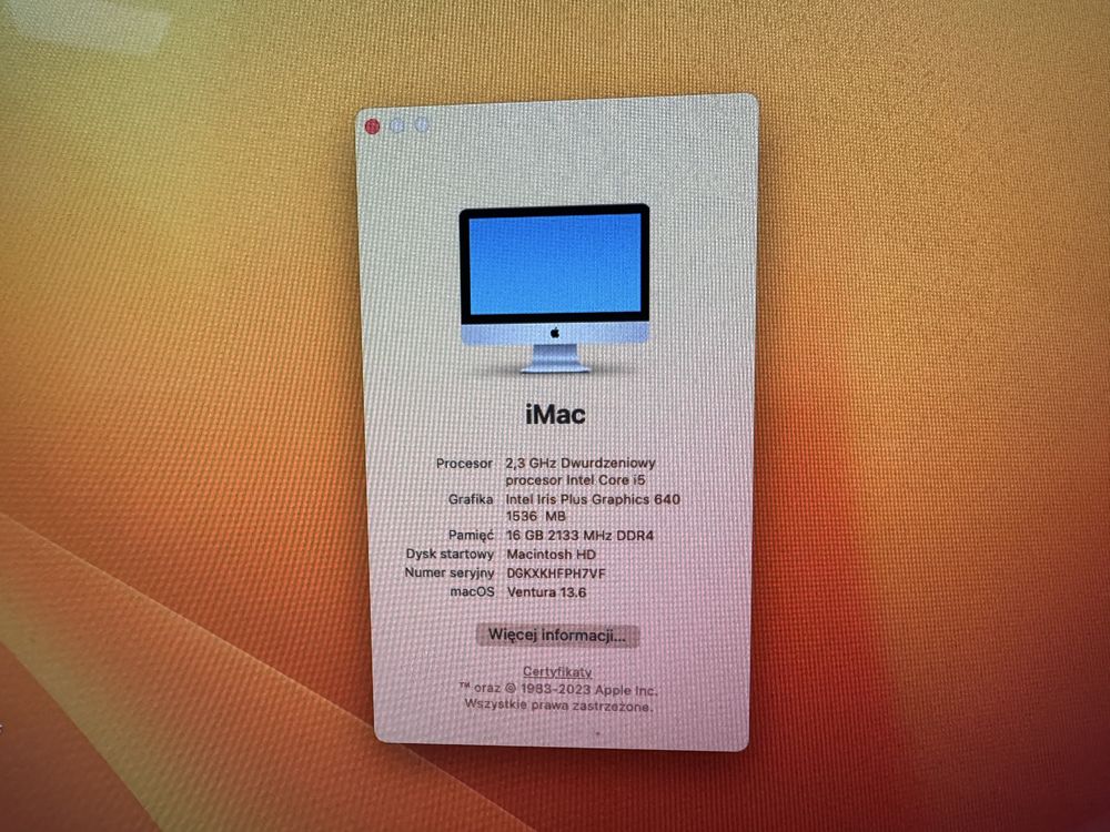 iMac 21,5 2,3 GHz 16GB RAM 256 SSD