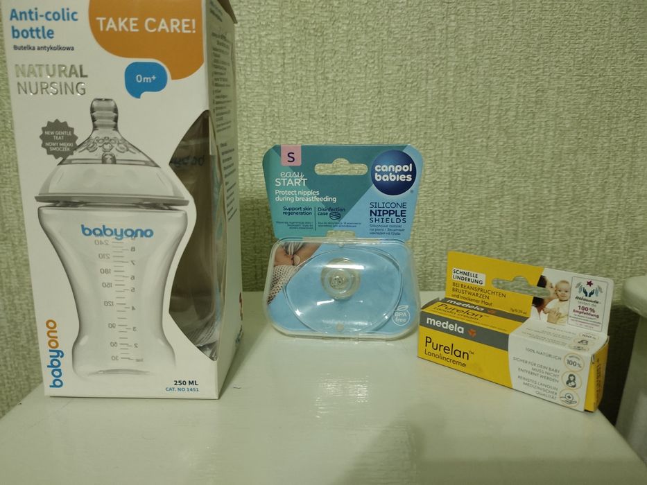 Дитяча бутилочка нова, крем для сосків б/у, соска на груди нова,