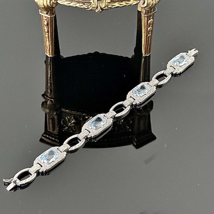 Srebrna bransoletka z Akwamarynami Art Deco z ok. 1920 roku, próba 800