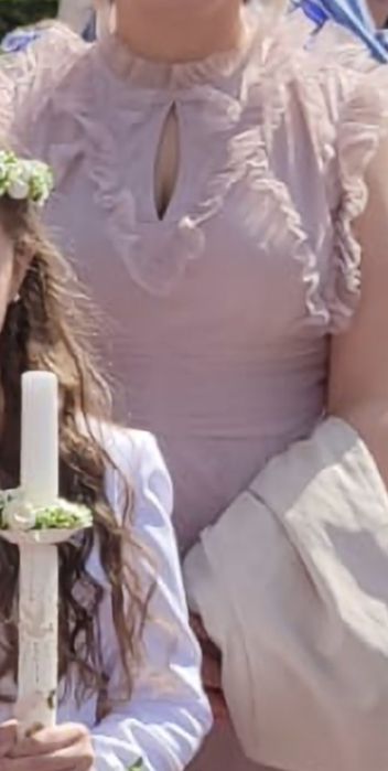 COAST koktajlowa sukienka tiulowa midi zgaszony róż falbanki r. 44-46