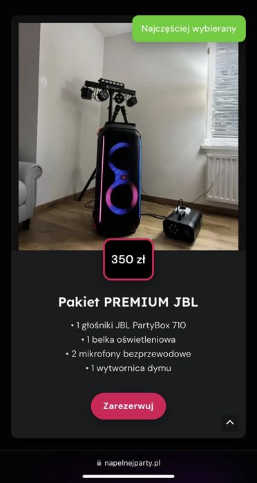 Wynajem głośnika JBL PARTYBOX 710 + światła, dym, mikrofony PAKIET