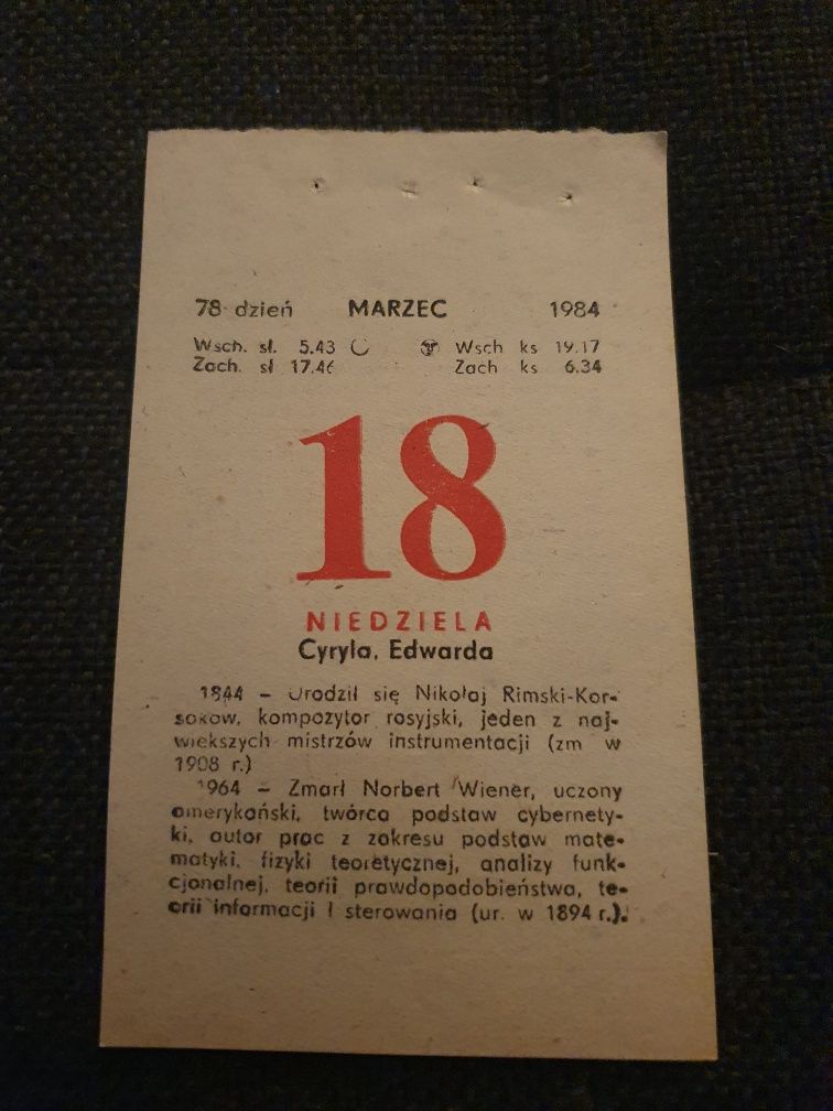Kartka z kalendarza 18.03.1984