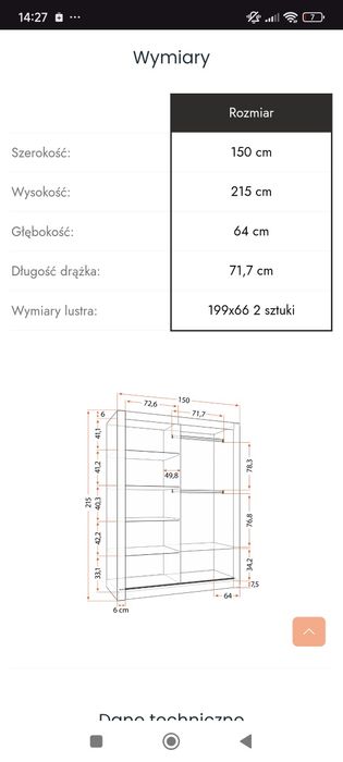 Szafa przesuwna duża komandor szara z lustrem dwudrzwiowa garderoba