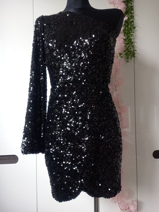 Sukienka Mini mała czarna cekiny Made in Italy 34, 36, XXS, XS bal wes