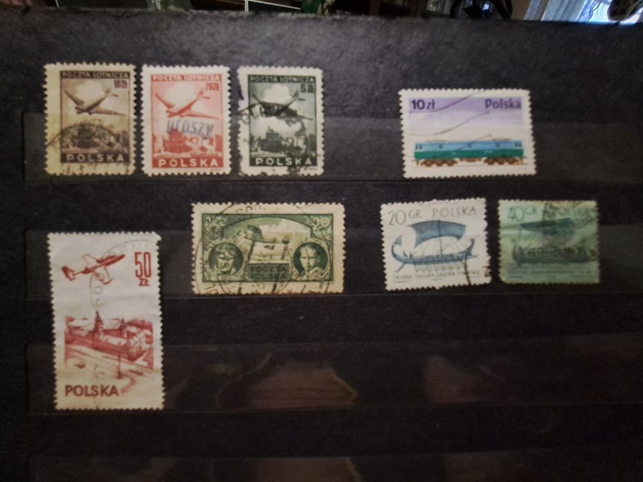 Znaczki pocztowe Polskie poczta lotnicza, statki, samoloty, pociąg