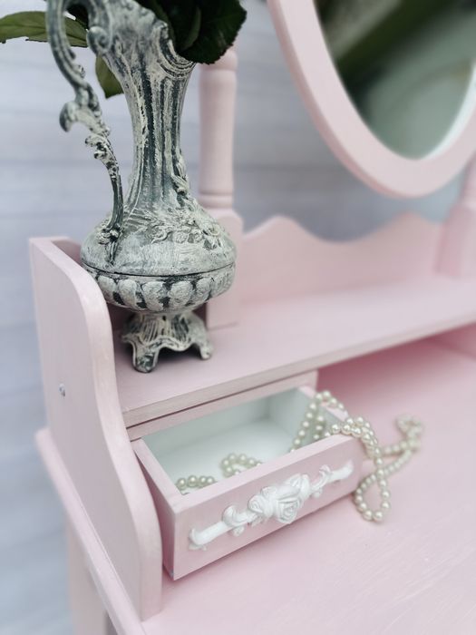 Toaletka z lustrem, pudrowy róż, GRATIS stołek
