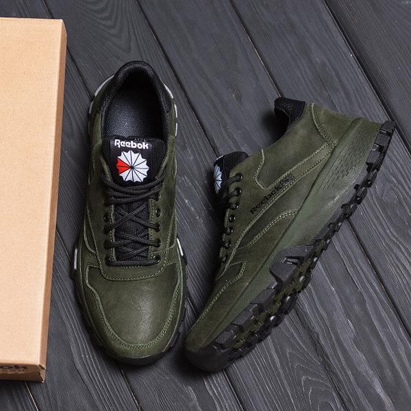 Стильные мужские кроссовки Reebok зеленые, кожаные кроссы