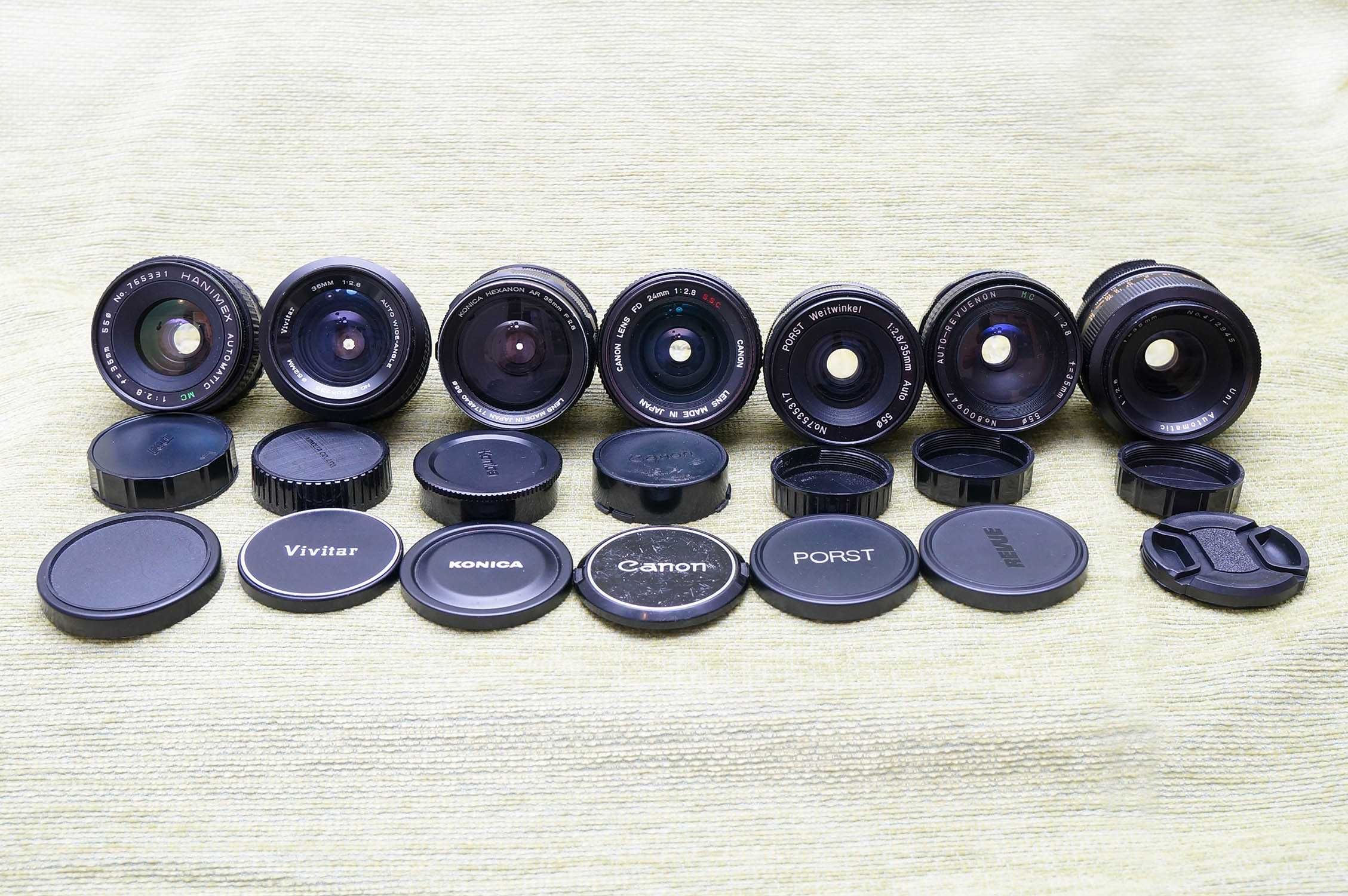 колекція ширококутних об'єктивів  Canon, Tokina, Konica, Vivitar таін.