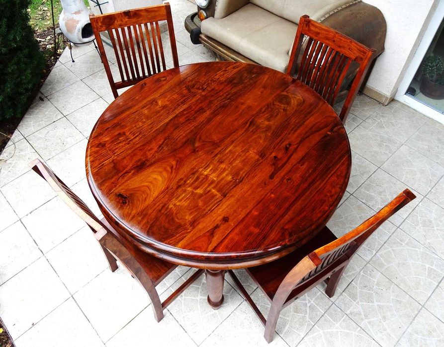 Stół drewniany indyjski - 120 cm + 4 stylowe krzesła - AlmiDecor