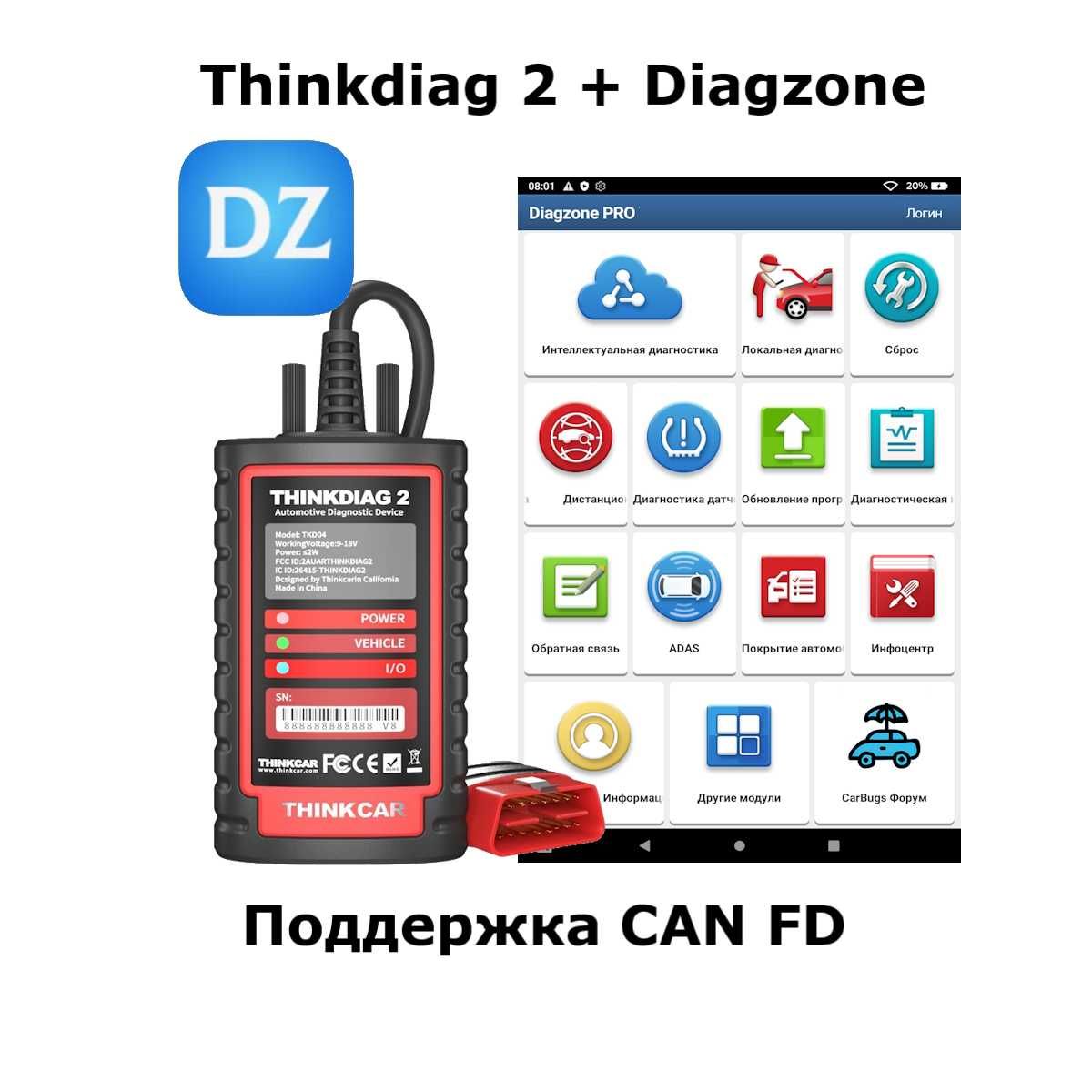 Сканер авто Thinkdiag 2 + Diagzone Pro. 28 адаптаций. Читает CAN FD
