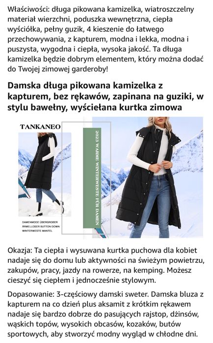Tankaneo Kamizelka damska pikowana długa