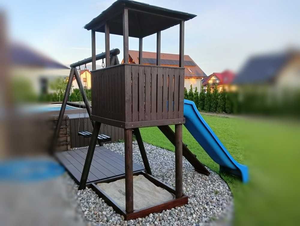 Plac zabaw dla dzieci (domek+huśtawki+zjeżdżalnia+ślizg+piaskownica)