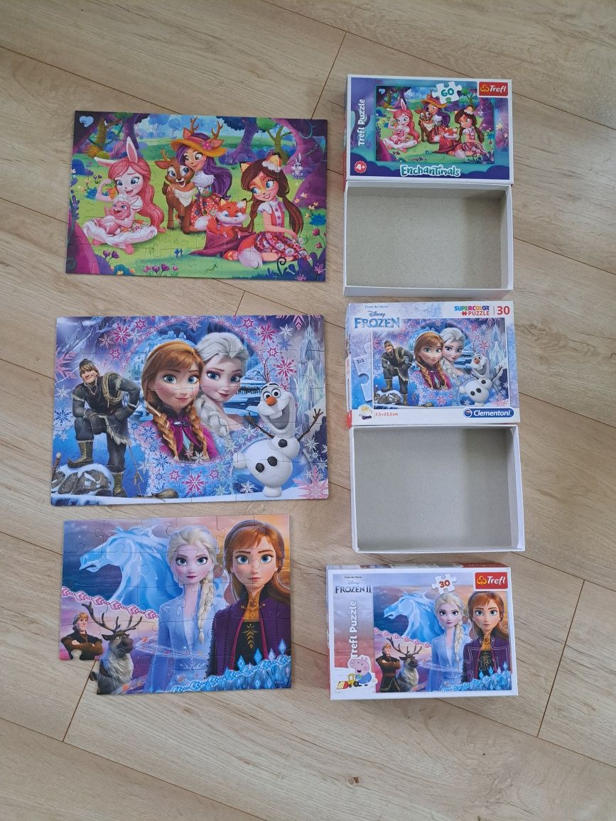 Zestaw puzzle Trefl Frozen 30 i EnchanTimals 60 + gratis