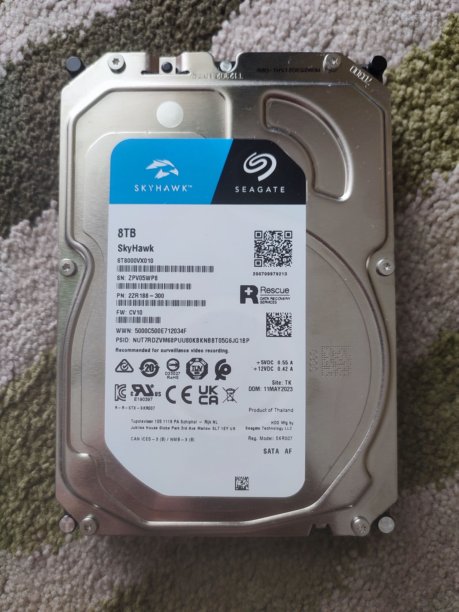 Dysk HDD Seagate SkyHawk 8TB 3,5''. Typ: PMR (CMR) +adapter SATA-USB.