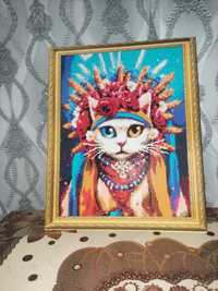 Продам картину алмазная мозаїка  на картині киця-україночка розміри 40