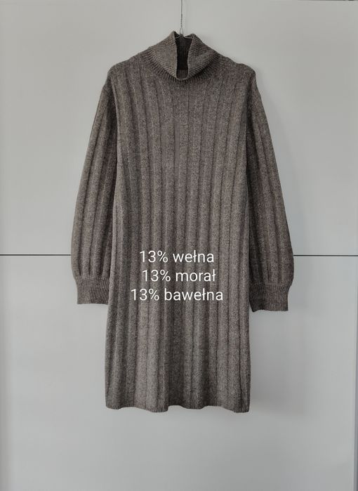 Sukienka Massimo dutti 36 S brązowa taupe wełniana golf prążkowana