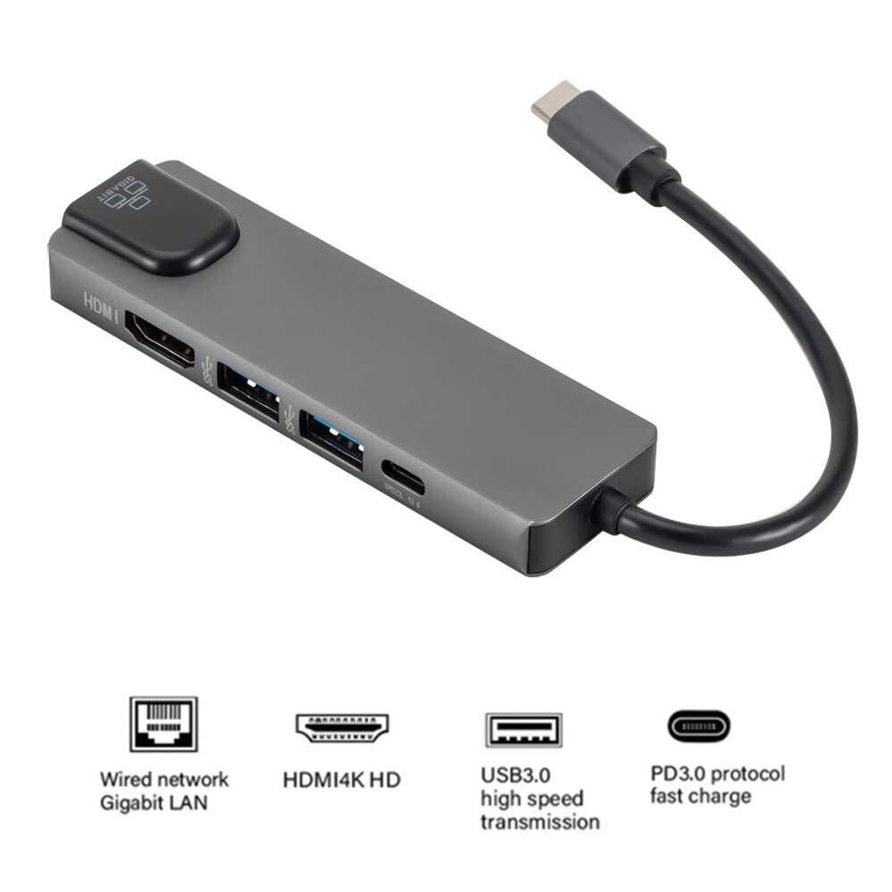 Хаб USB type-C 5 в 1 на HDMI LAN 1 Gbit USB 3.0 и USB-C переходник