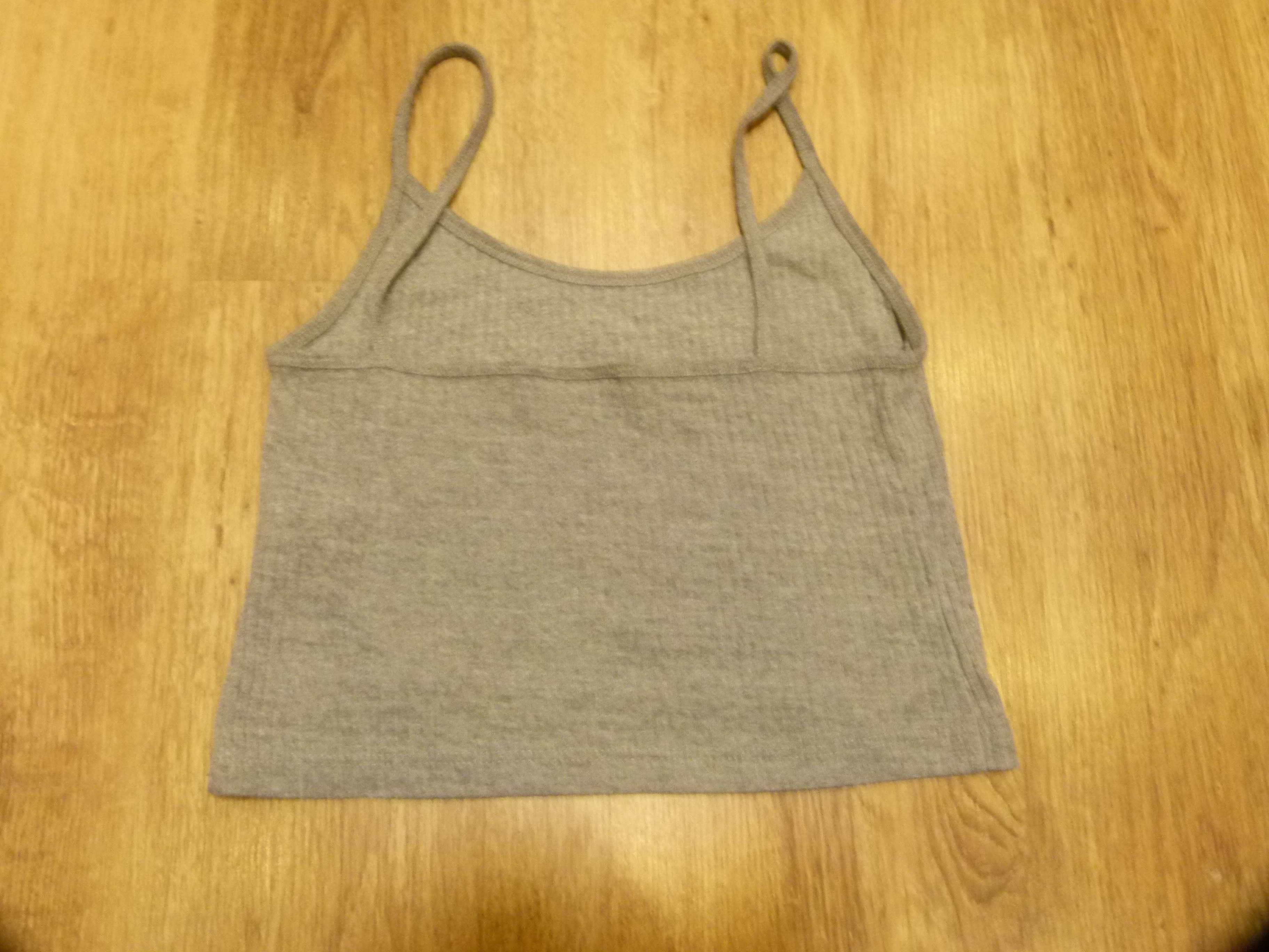 rozm 146 bluzka na szelkach szara krótka w prążki crop top