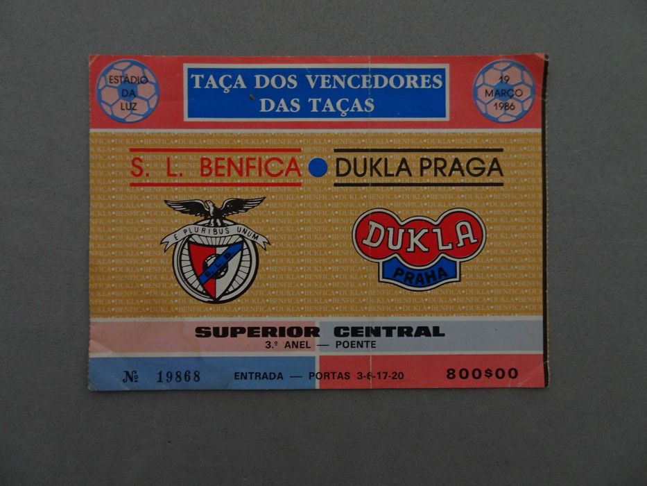 Bilhete futebol Benfica Dukla Praga Taça dos Vencedores das Taças 1986