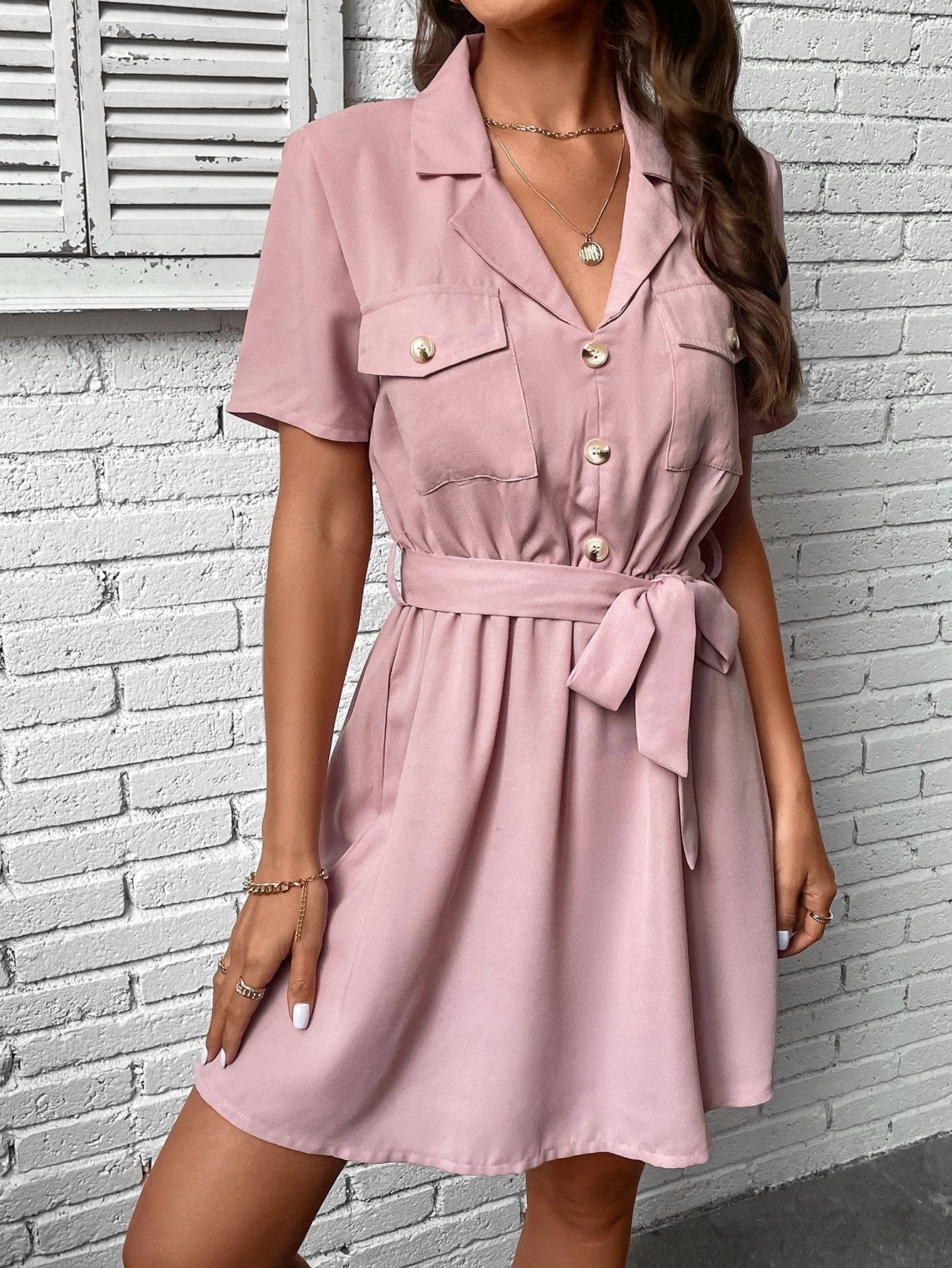 Sukienka Koszulowa Mini Z Paskiem Dusty Pink Casual Shein M 38