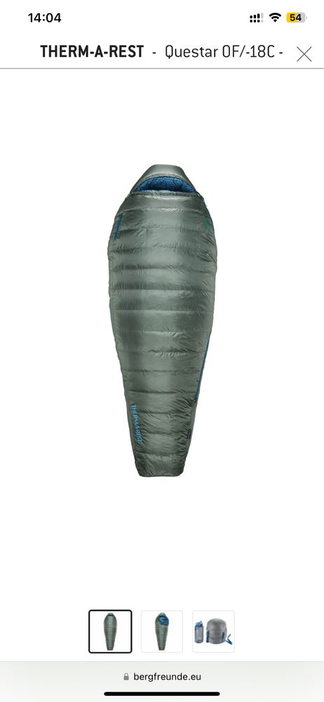 Thermarest Questar 0F/-18C, пуховий спальник, спальний мішок