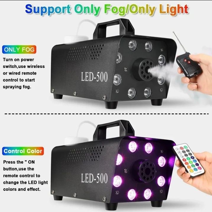 Máquina de Fumo 500W c/ 18 LEDs e Controlo Remoto