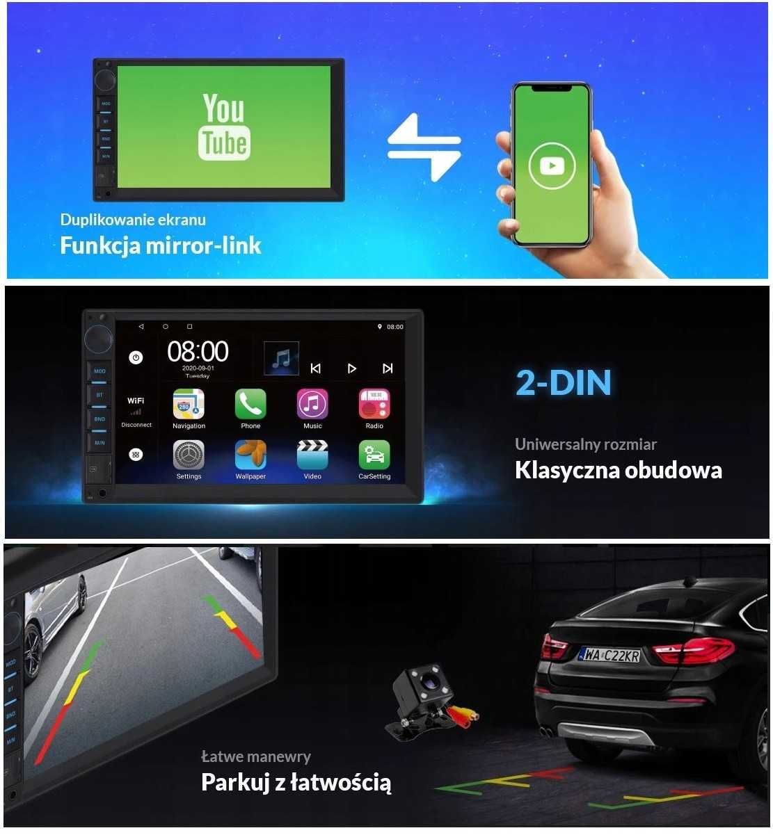 Radio Samochodowe Android WiFi 2DIN Nawigacja GPS USB 7 Kamera Cofania